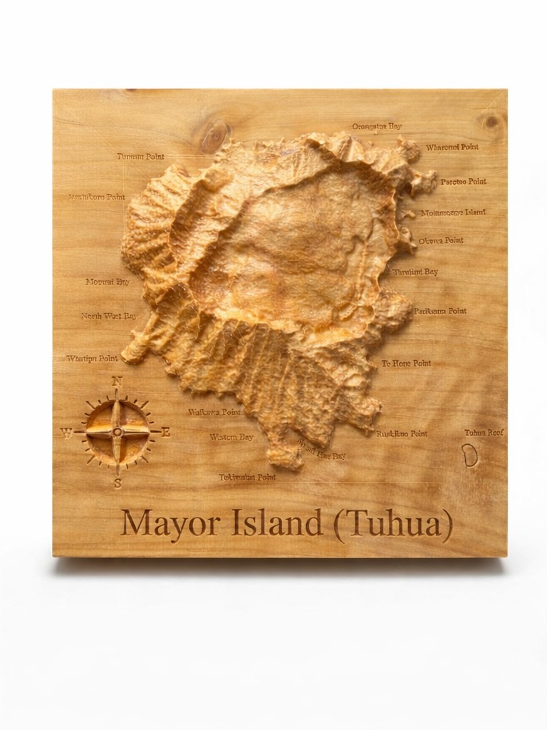 Machined solid timber terrain model of Mayor Island (Tuhua), New Zealand