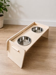 Birch plywood raised dog bowl holder with two stainless steel bowls