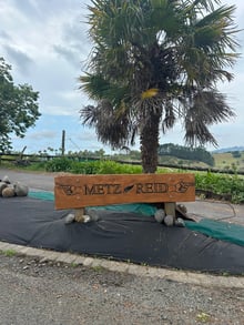 Metz Reid custom timber entranceway sign installed outdoors beneath a palm tree